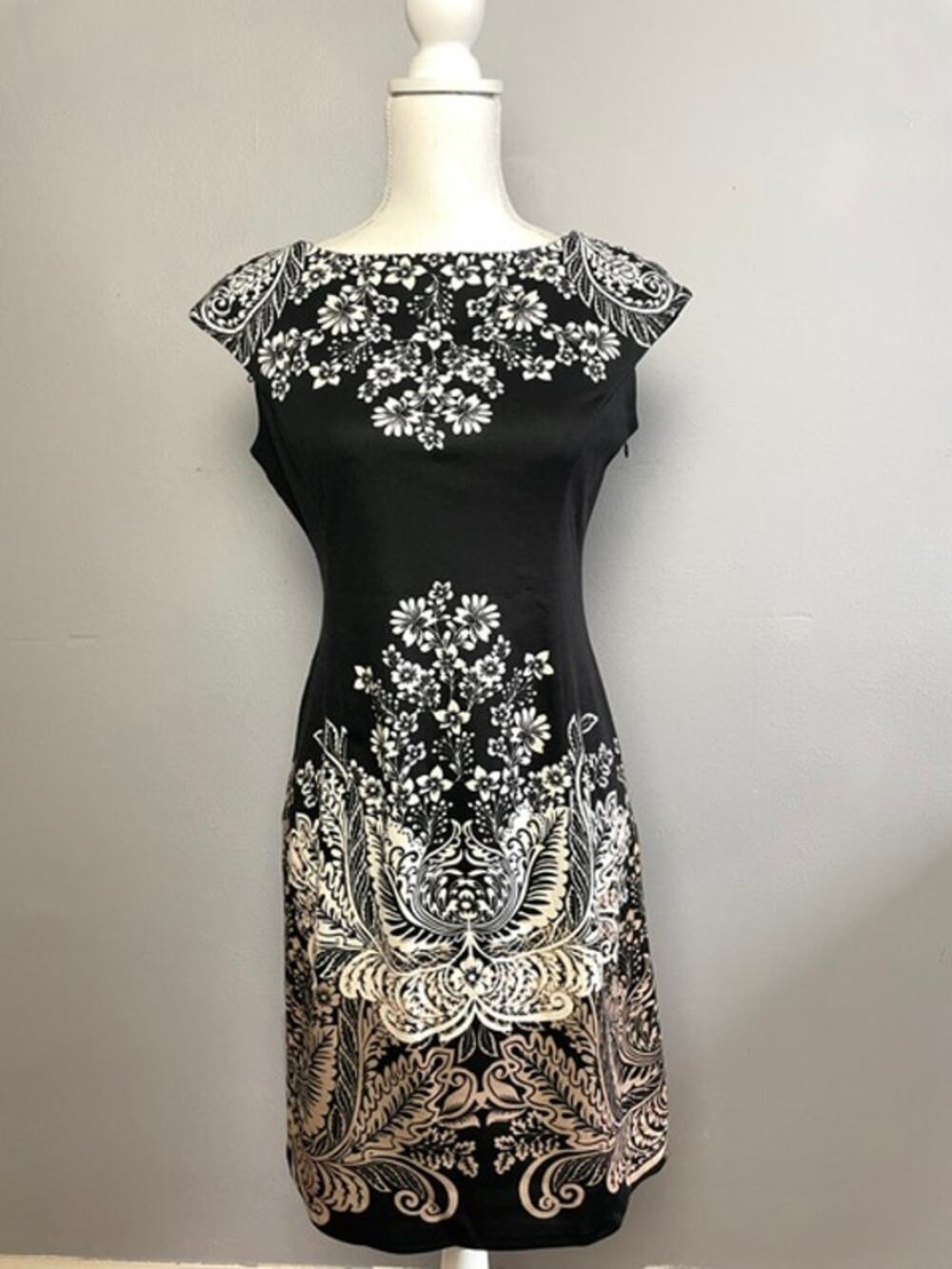 London Style Collection Black Floral Paisley Sheath Dress Size 8 Cap Sleeve
